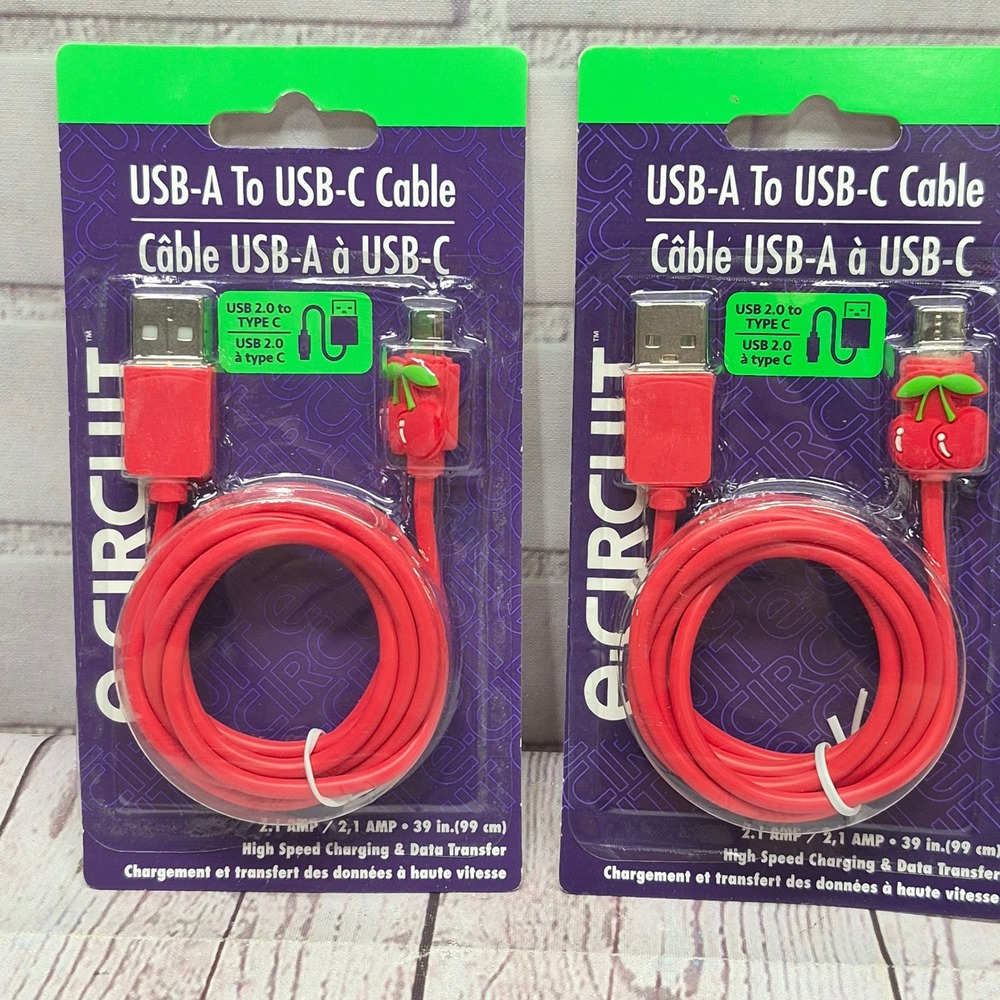 E-Circuit 2PK Red Cherry USB-A to USB-C Charging Data Cable 39in 2.1A High Speed